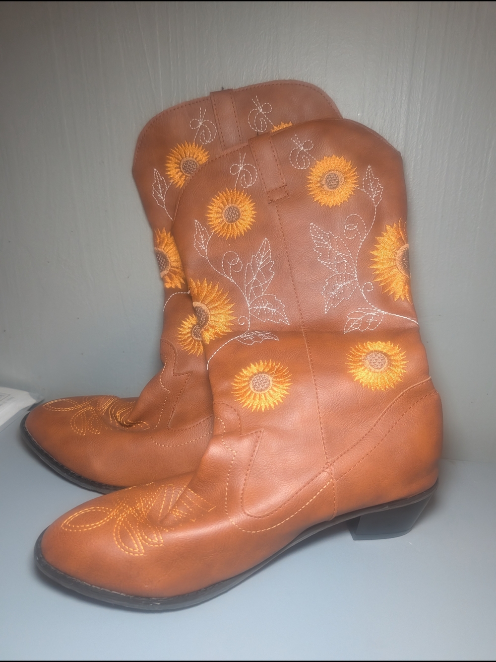 Sunflower Embroidered Tan Cowboy Boots